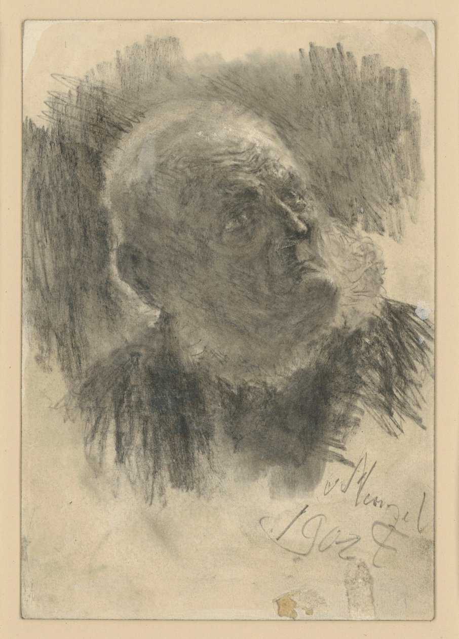 Popiersie starego mężczyzny w czapce murarskiej, spoglądającego w górę w prawo autorstwa Adolph Menzel