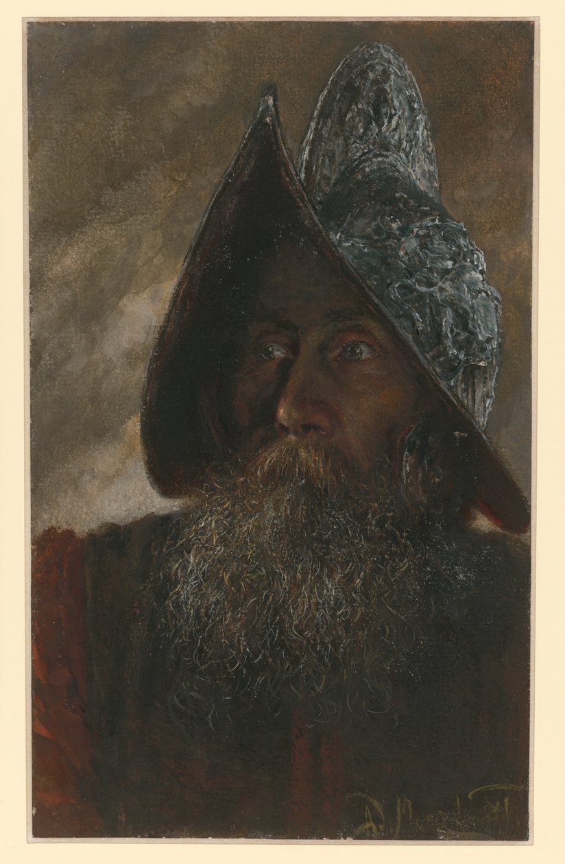 Popiersie brodatego żołnierza w hełmie, lekko zwróconego w lewo autorstwa Adolph Menzel