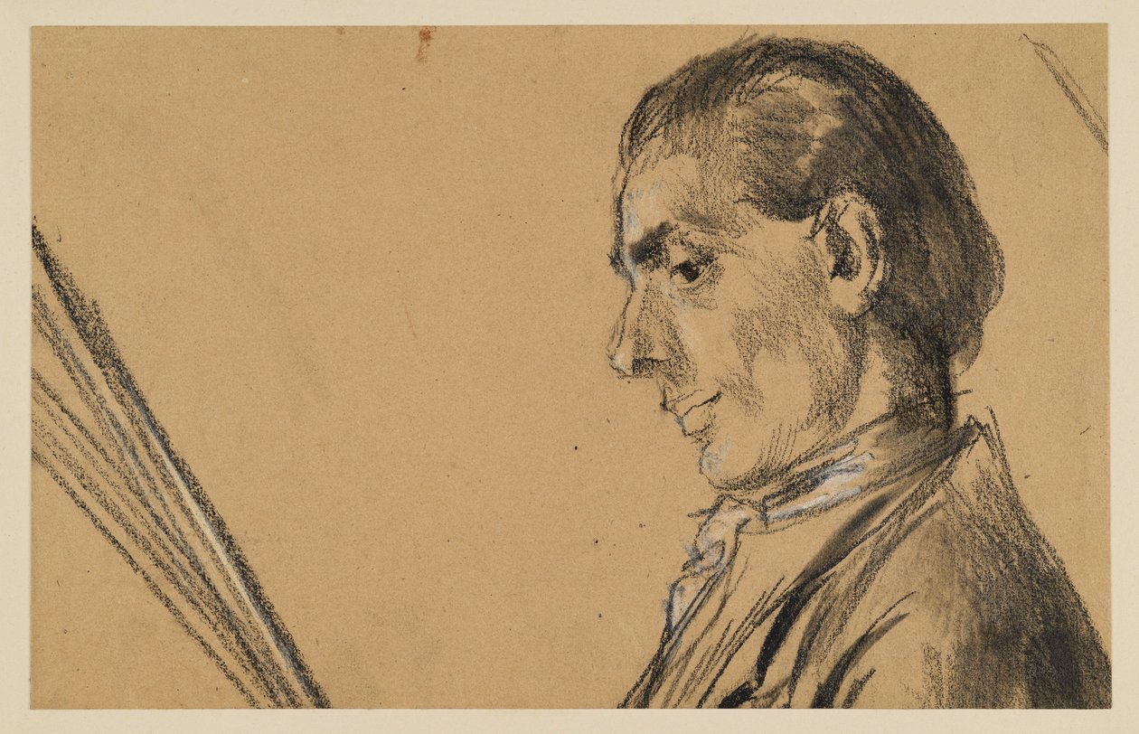 Portret do pasa młodego mężczyzny ze spuszczonym wzrokiem. Profil w lewo. Szkic przygotowawczy do obrazu „Koncert fletowy Fryderyka Wielkiego w Sanssouci” autorstwa Adolph Menzel