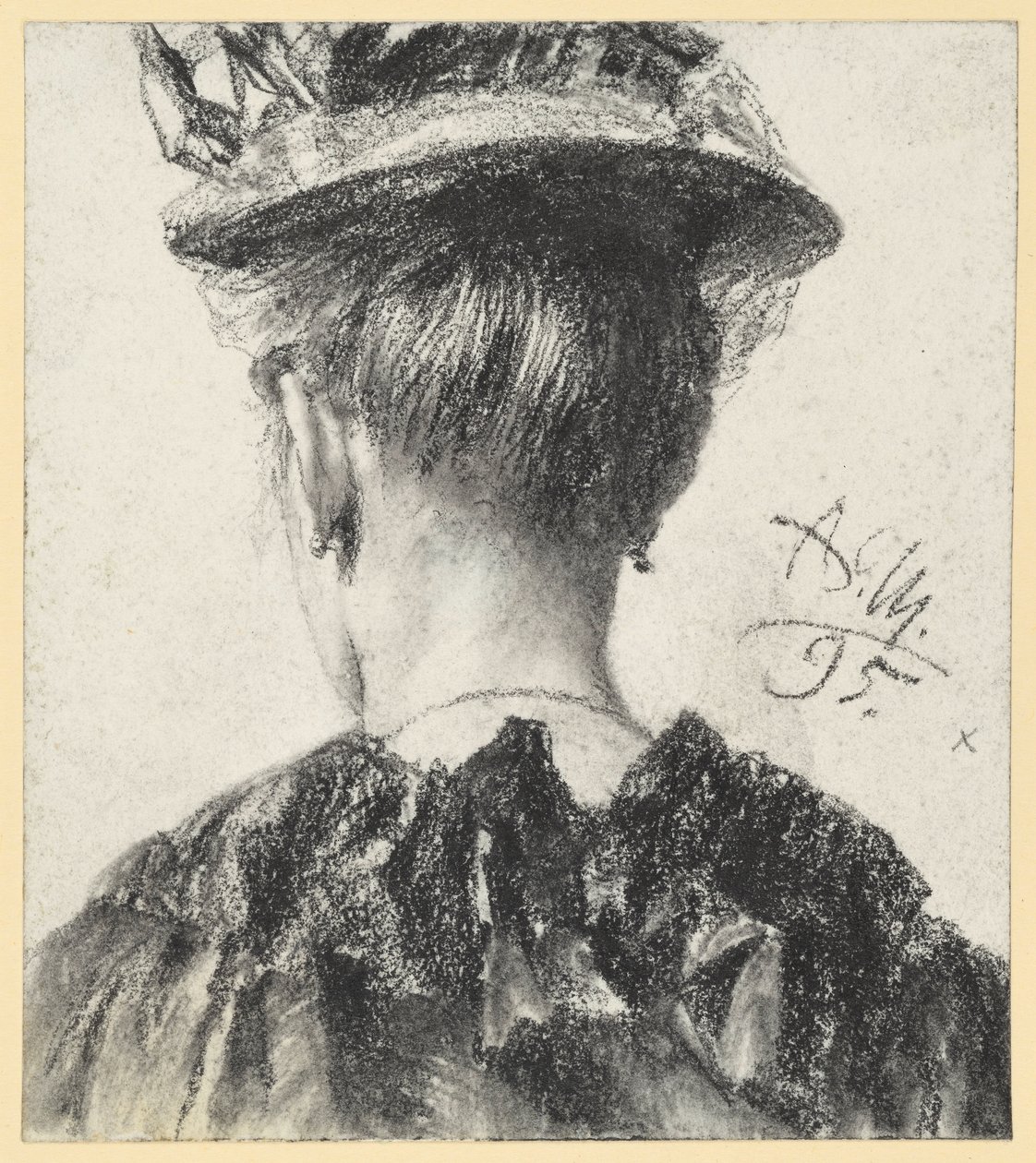 Popiersie kobiety w kapeluszu, widok od tyłu autorstwa Adolph Menzel