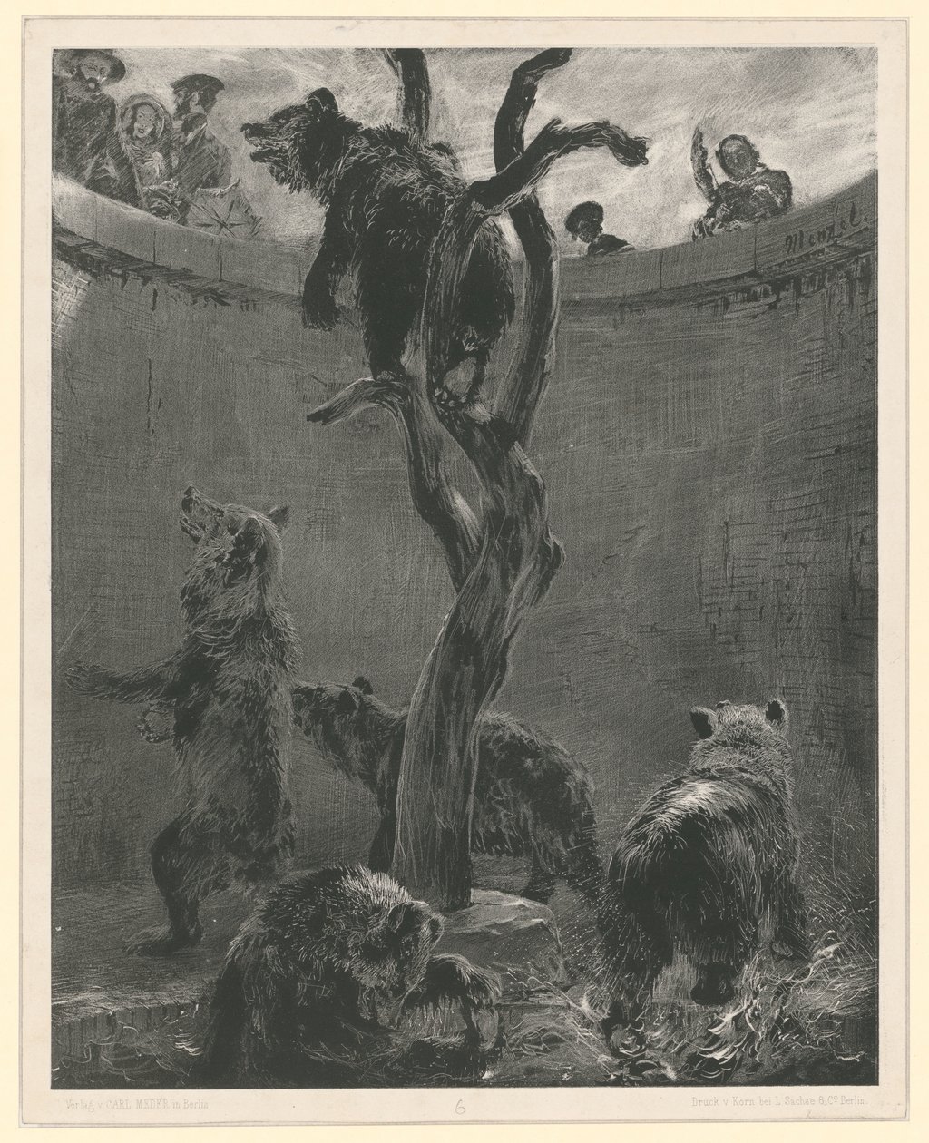Klatka dla niedźwiedzi w Ogrodzie Zoologicznym. Arkusz 6 z: „Eksperymenty z pędzlem i skrobakiem”, zeszyt 1 autorstwa Adolph Menzel