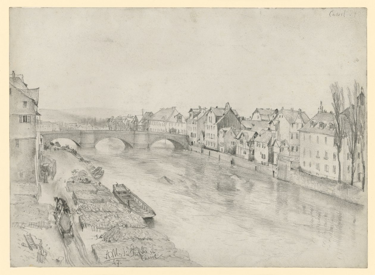 Rzeka Fulda w Kassel. Krajobraz nadrzeczny z mostem i domami autorstwa Adolph Menzel