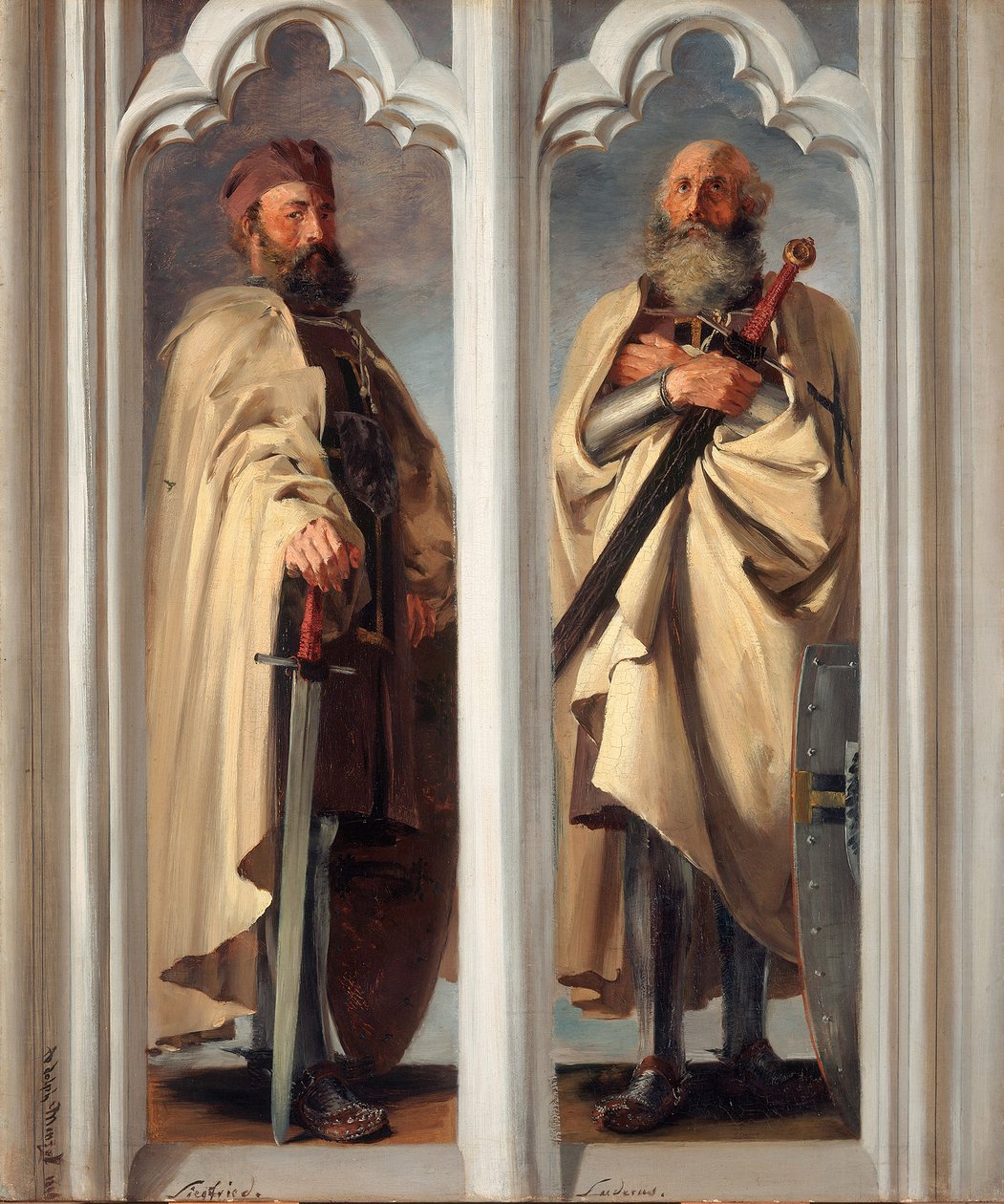 Wielcy mistrzowie Siegfried von Feuchtwangen i Ludger von Braunschweig. Szkice do obrazów w zamku Marienburg autorstwa Adolph Menzel