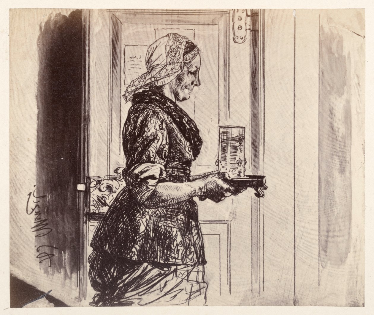 Służąca wchodzi do sali sądowej z szklanką wody, którą zamówił Adam, z opowiadania Heinricha von Kleista „Złamany dzban” autorstwa Adolph Menzel