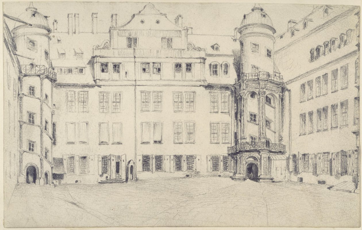 Zachodnia strona wielkiego dziedzińca zamkowego w Dreźnie autorstwa Adolph Menzel