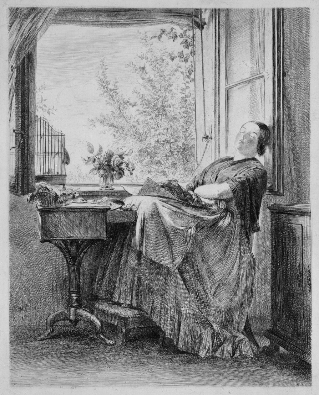 Śpiąca krawcowa przy oknie (siostra Menzela, Emilie) autorstwa Adolph Menzel