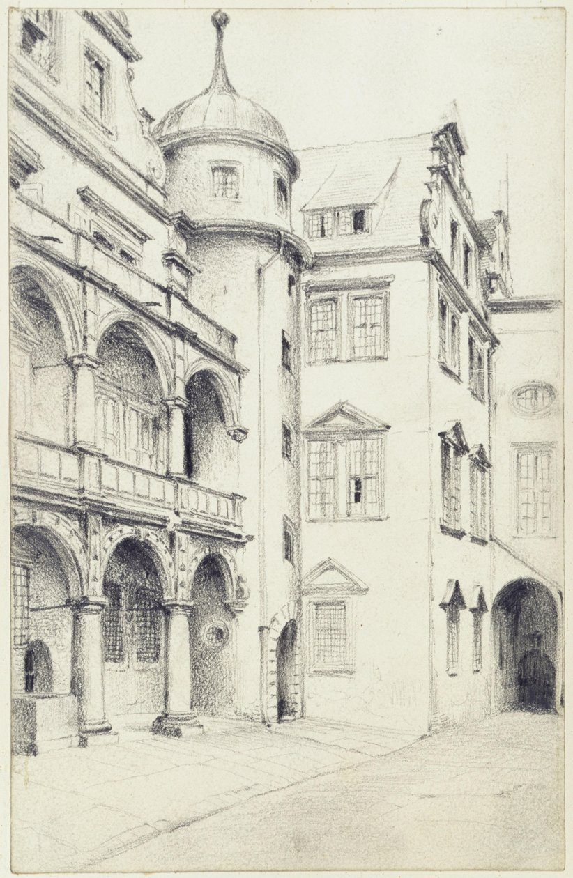 Południowo-zachodni narożnik Małego Dziedzińca Pałacowego w Dreźnie autorstwa Adolph Menzel