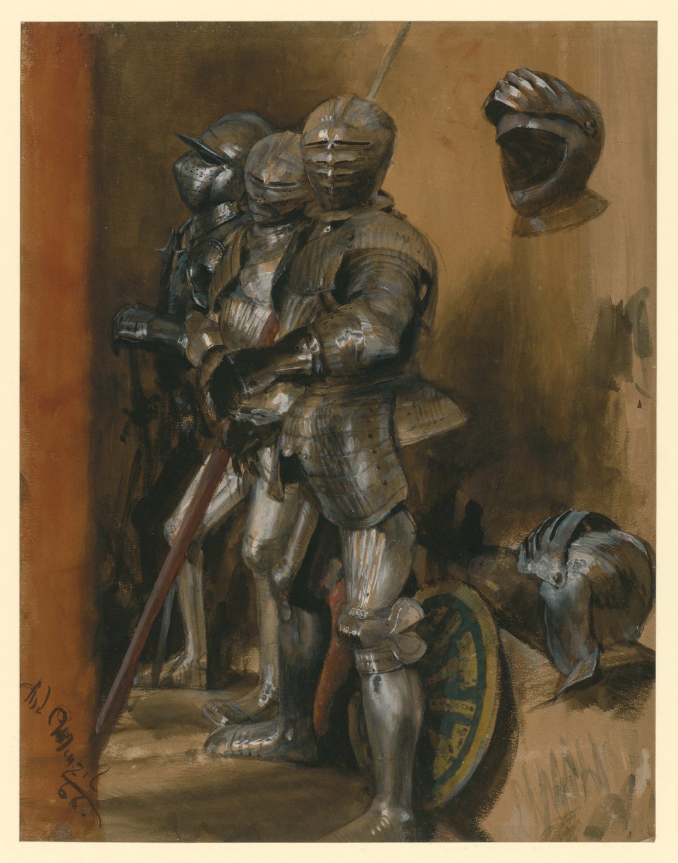 Trzy zbroje i dwa hełmy autorstwa Adolph Menzel