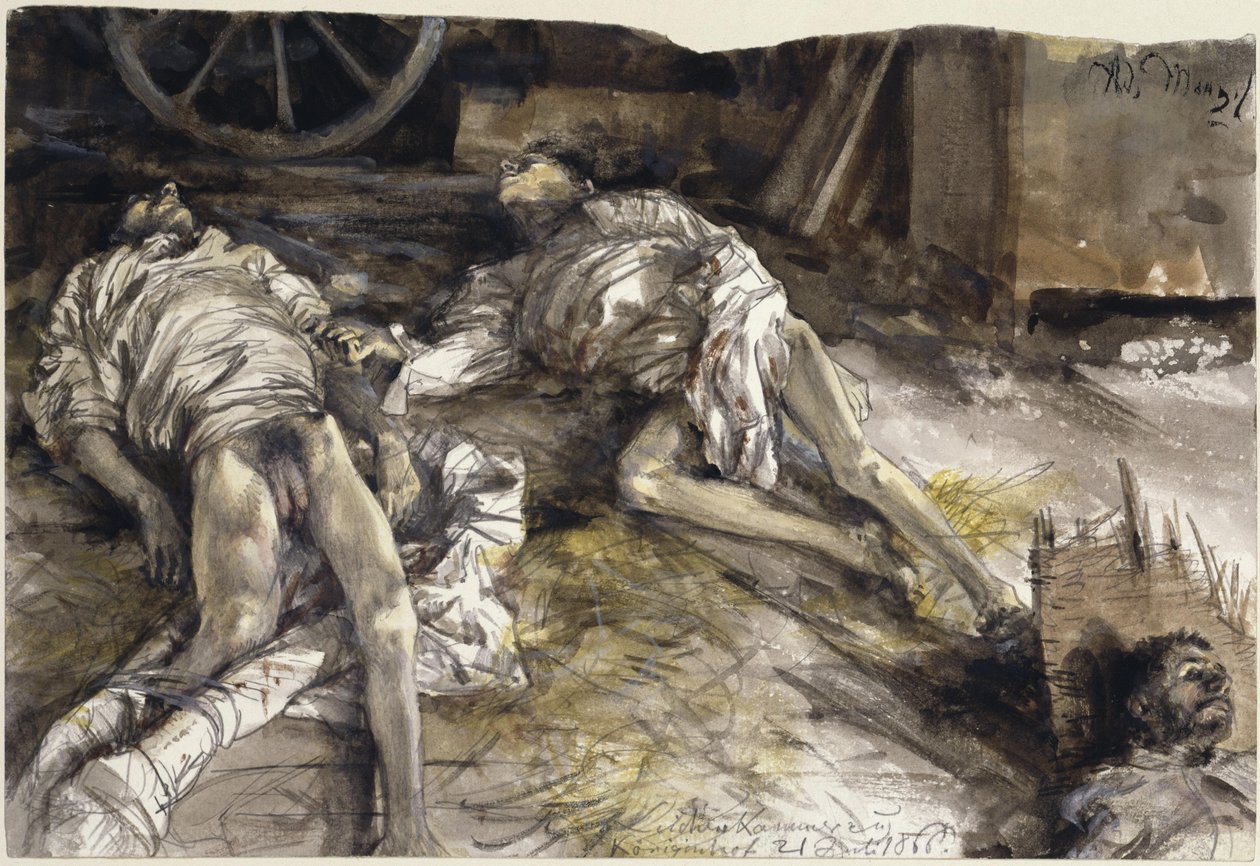 Trzej polegli żołnierze w stodole - kostnica w Königinhofie autorstwa Adolph Menzel