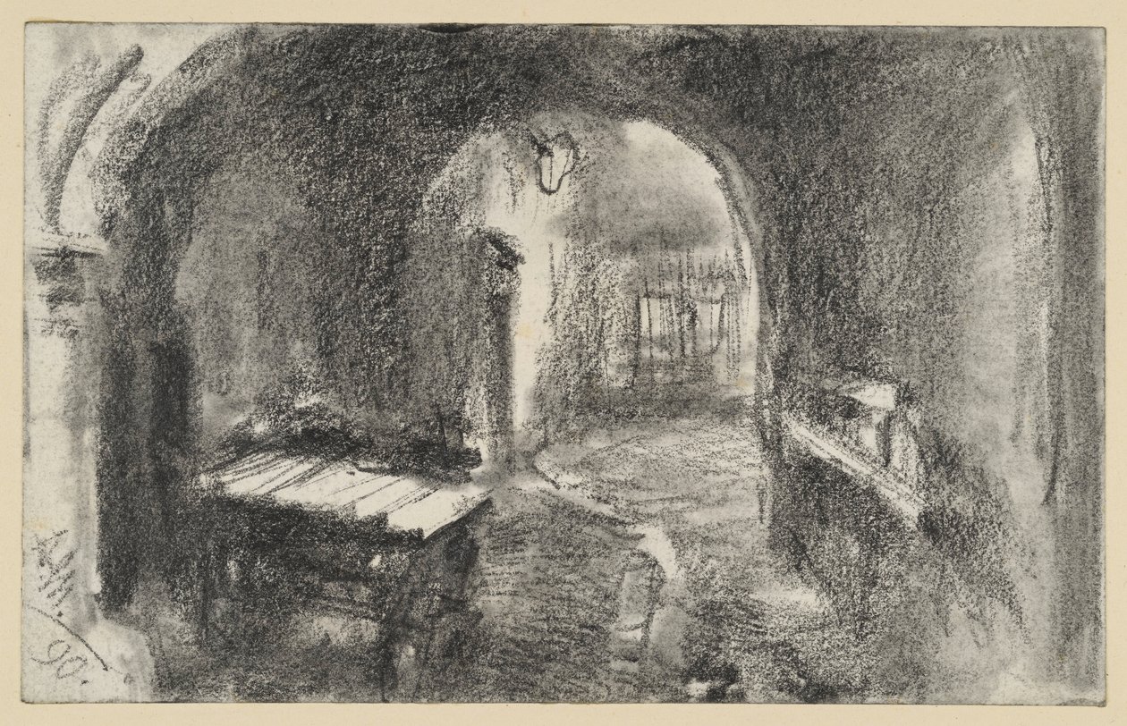 Ciemne, sklepione przejście, z przodu wózek ręczny autorstwa Adolph Menzel