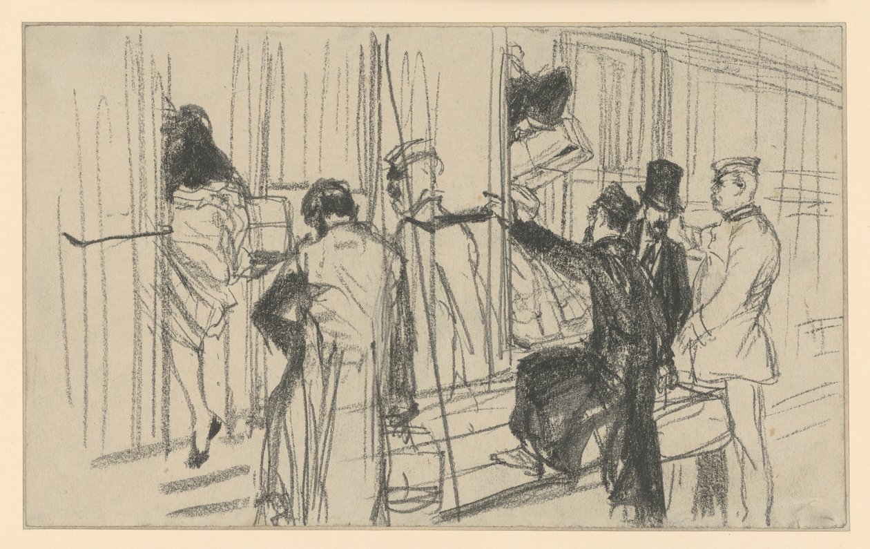 Wsiadający pasażerowie kolei i konduktor. Scena na peronie autorstwa Adolph Menzel