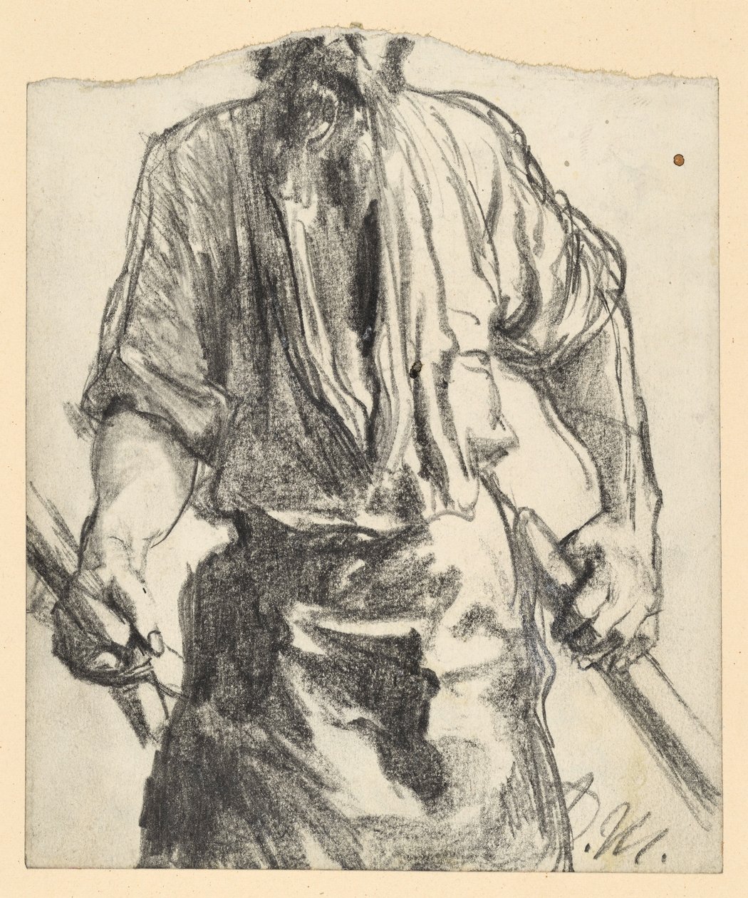 Pracownik huty w futrzanym fartuchu, trzymający w rękach drewniane przedmioty. Studium do obrazu „Huta żelaza. Nowoczesni cyklopi” autorstwa Adolph Menzel