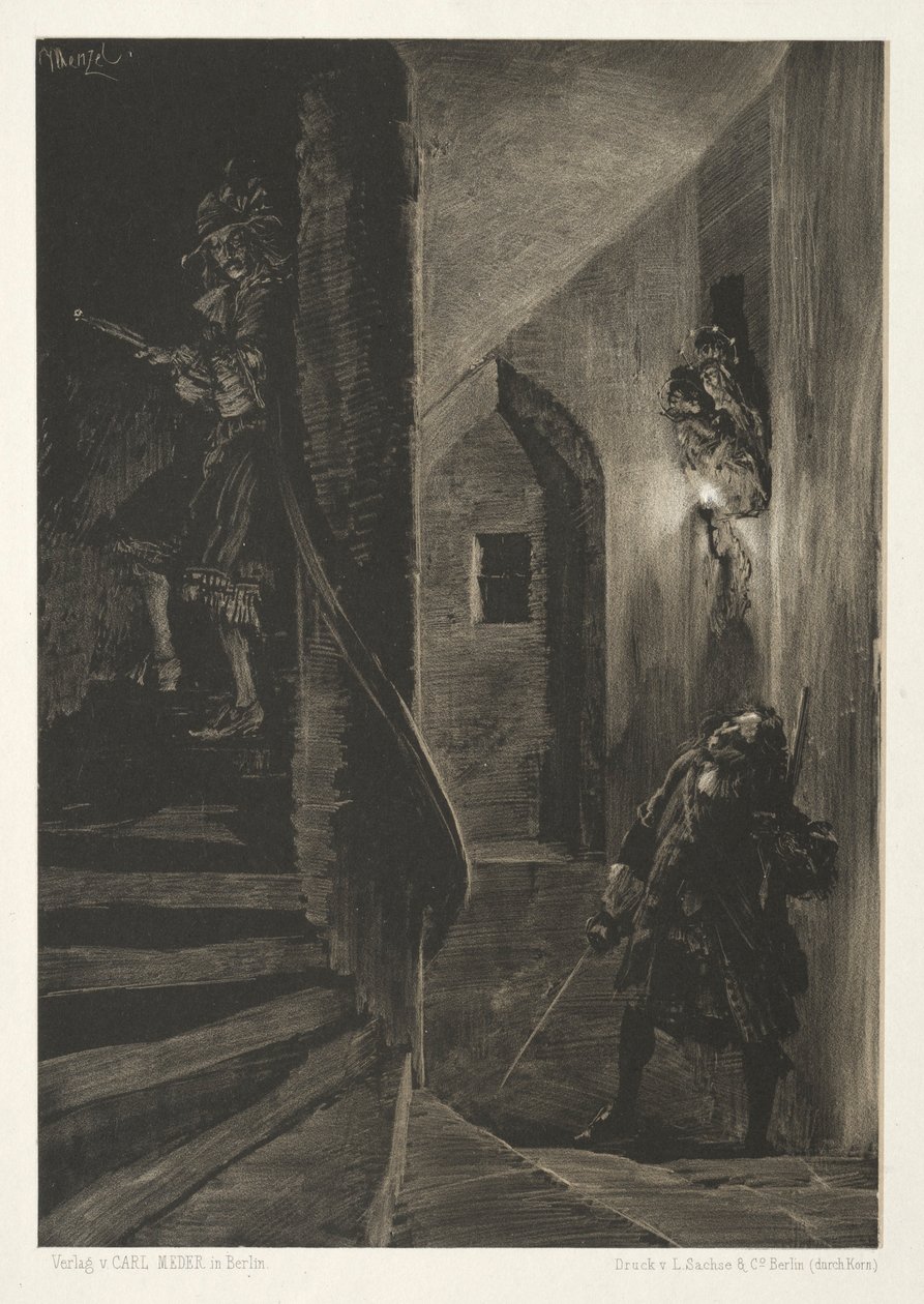 Esej o kamieniu z pędzlem i skrobaczką: Pościg na krętych schodach, 1851. autorstwa Adolph Menzel