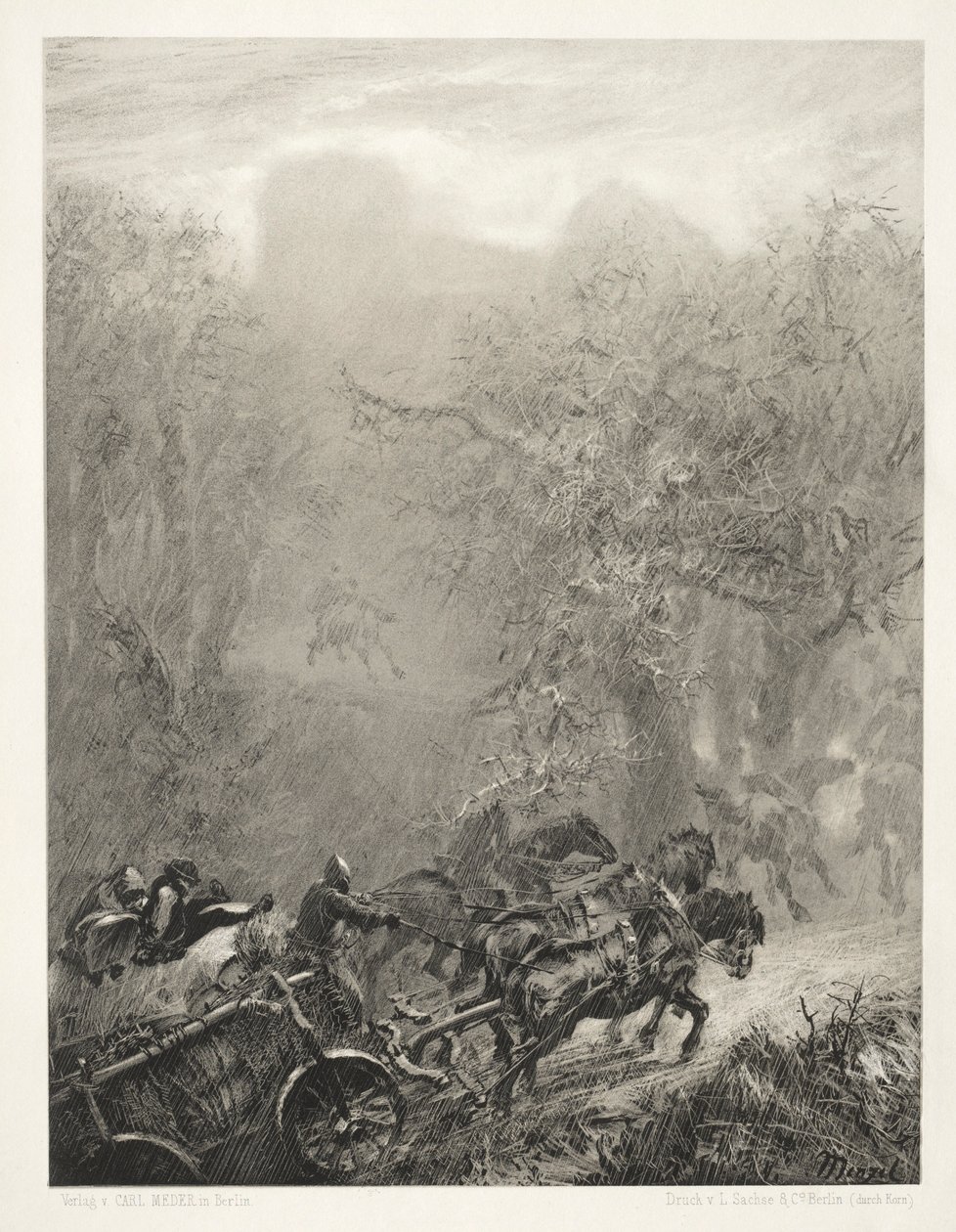 Esej o kamieniu z pędzlem i skrobaczką: konwój więźniów przez las, 1851. autorstwa Adolph Menzel
