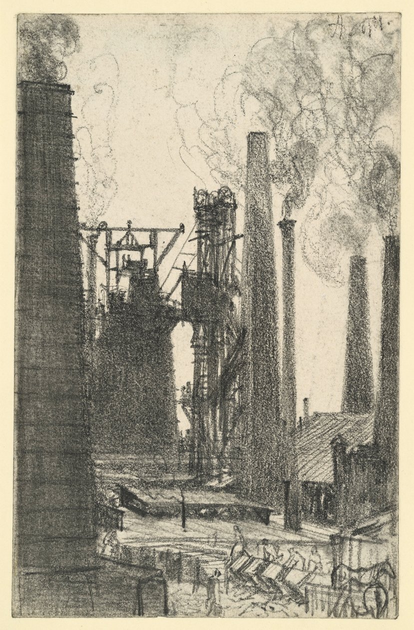 Plac fabryczny z dymiącymi kominami (Königshütte?) autorstwa Adolph Menzel