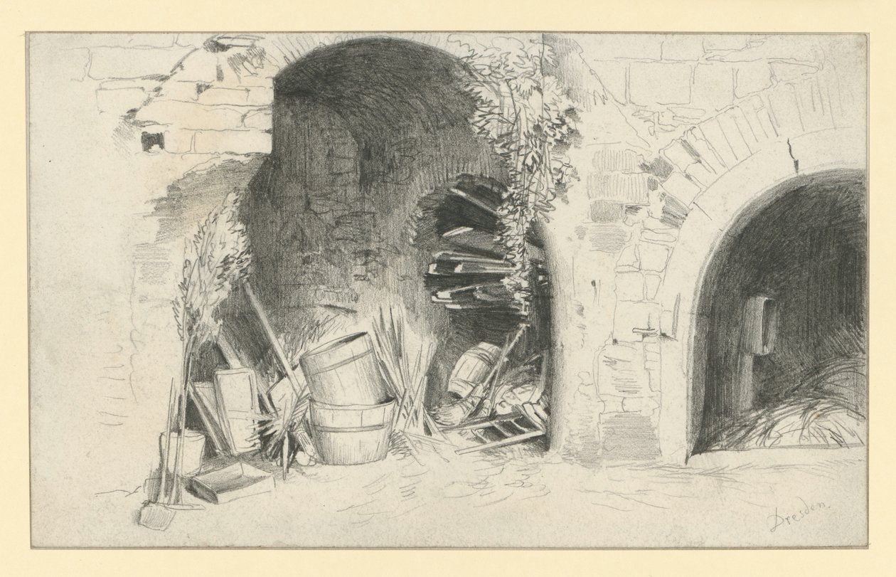 Beczki i deski pod łukami bastionu Jungfernbastei w Dreźnie autorstwa Adolph Menzel