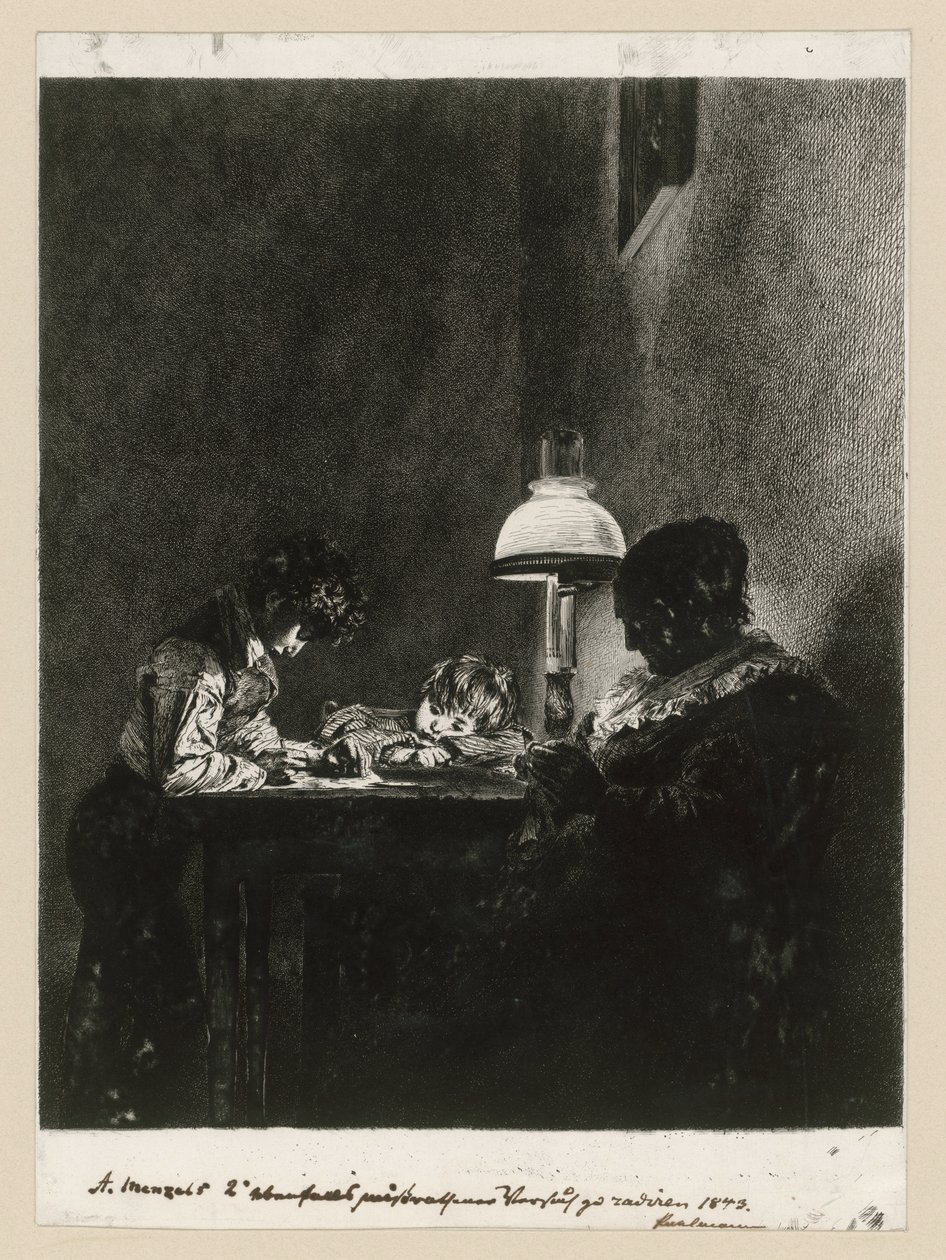 Rodzina przy lampie autorstwa Adolph Menzel