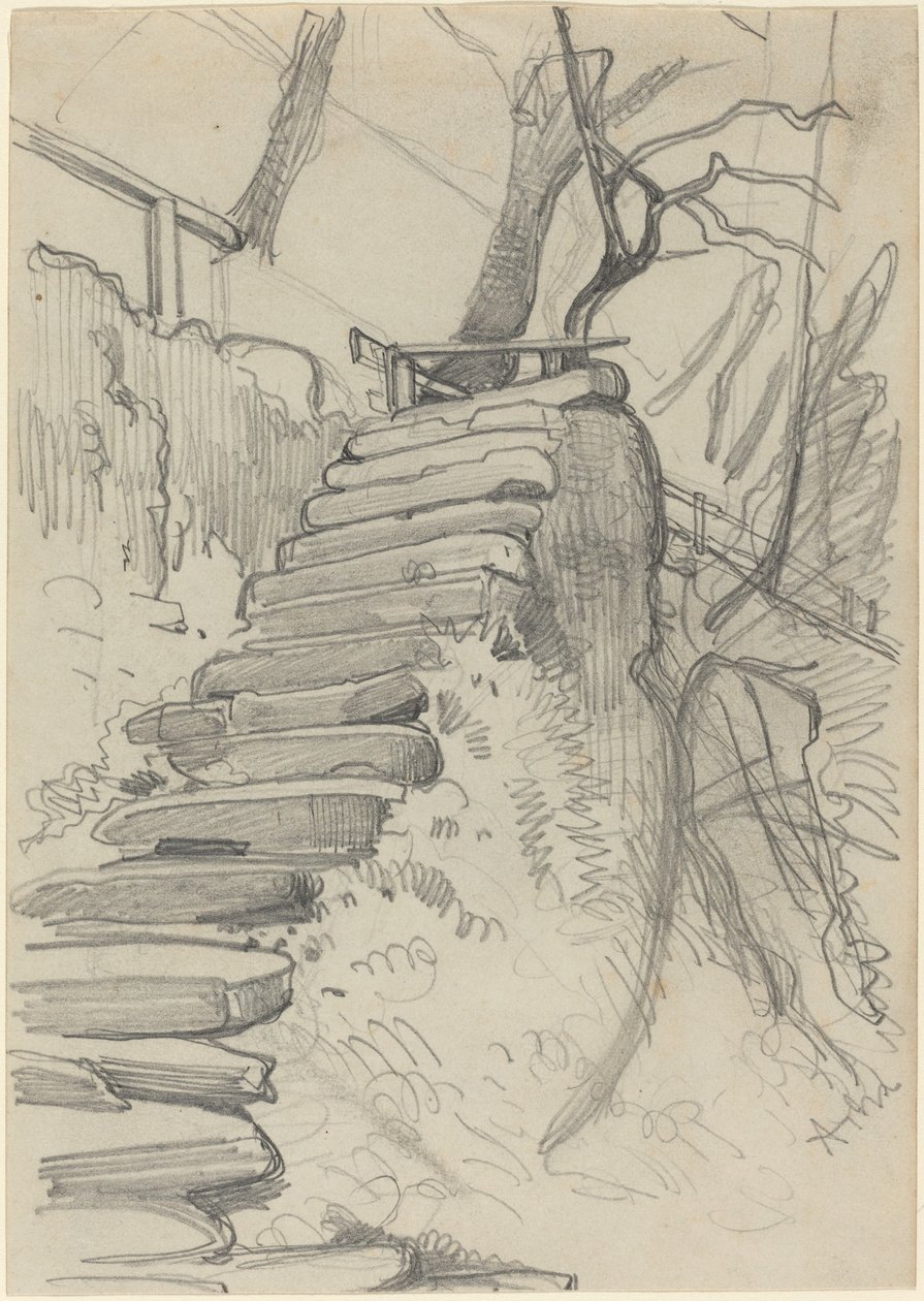 Lot kamiennych schodów w ogrodzie autorstwa Adolph Menzel