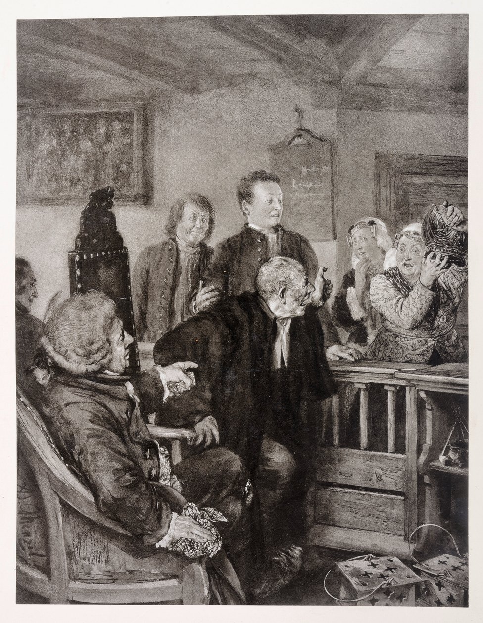 Oskarżenie pani Marthy w opowiadaniu Heinricha von Kleista „Złamany dzban” autorstwa Adolph Menzel