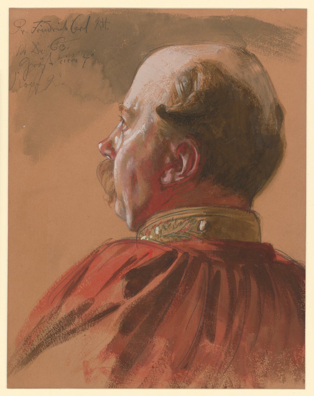 Książę Fryderyk Karol Pruski, częściowo ucięty profil w lewo, studium portretowe do „Koronacji Wilhelma I w Królewcu” autorstwa Adolph Menzel