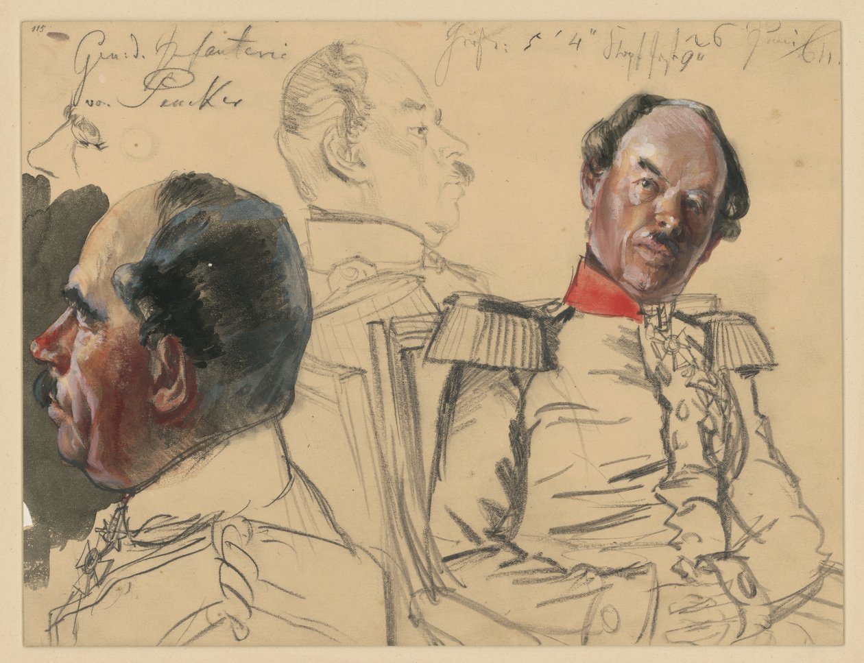 Generał piechoty Eduard von Peucker, 1. szkic głowy, profil w lewo, 2. portret do pasa, nieco w prawo, spojrzenie w lewo, pomiędzy nimi szkic głowy, profil w prawo, szkice do obrazu „Koronacja Wilhelma I w Królewcu” autorstwa Adolph Menzel