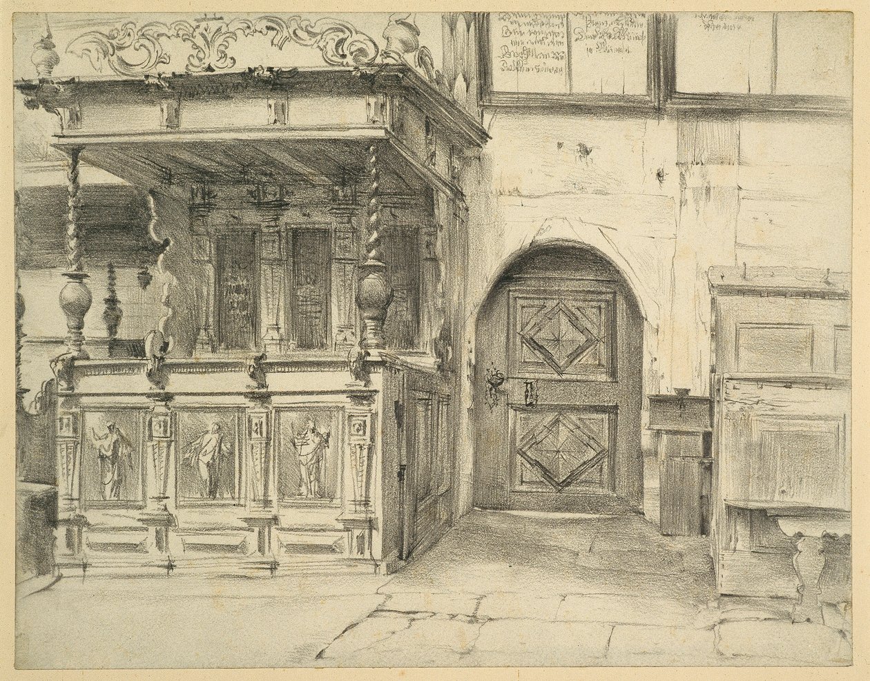 Ławki i drzwi w kościele Friedenskirche w Jauerze autorstwa Adolph Menzel
