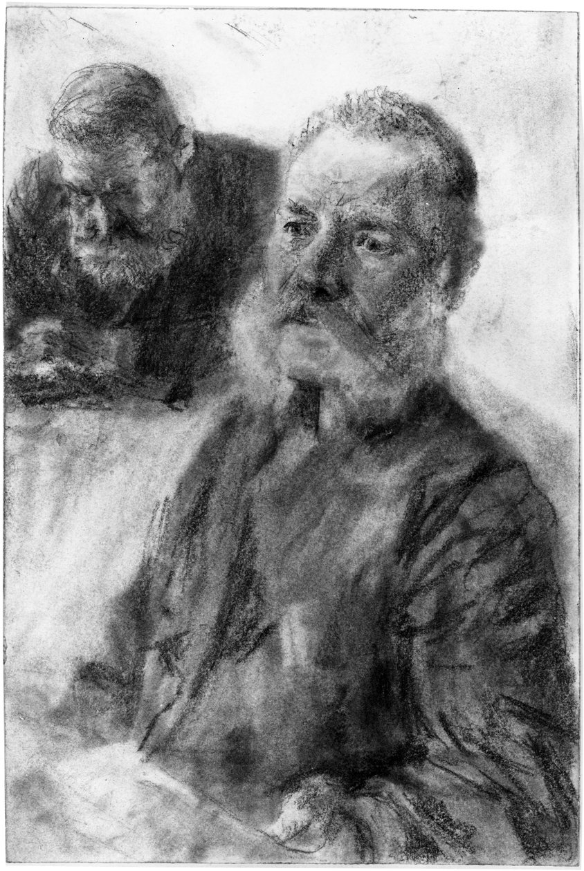 Półpostać brodatego mężczyzny, w tle kolejne popiersie brodatego mężczyzny ze spuszczonym wzrokiem autorstwa Adolph Menzel