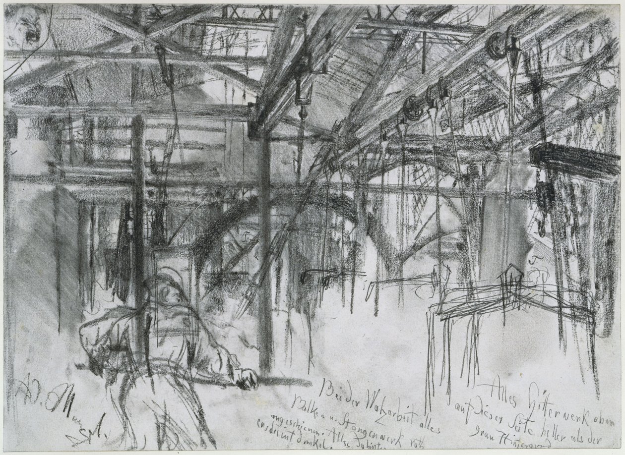 Hala w walcowni Königshütte. Studium zatytułowane „Walcownia żelaza. Nowoczesne cyklopy” autorstwa Adolph Menzel