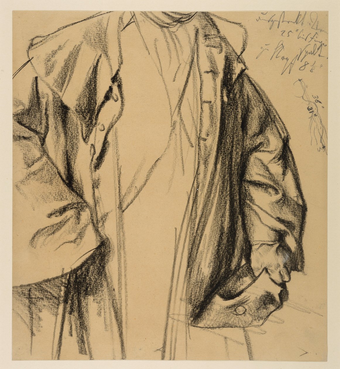 Heinrich von Kleist, „Złamany dzban”: szkic modelowy oficera w płaszczu, bez głowy, półpostaci z kapeluszem w lewej ręce i laską w prawej autorstwa Adolph Menzel