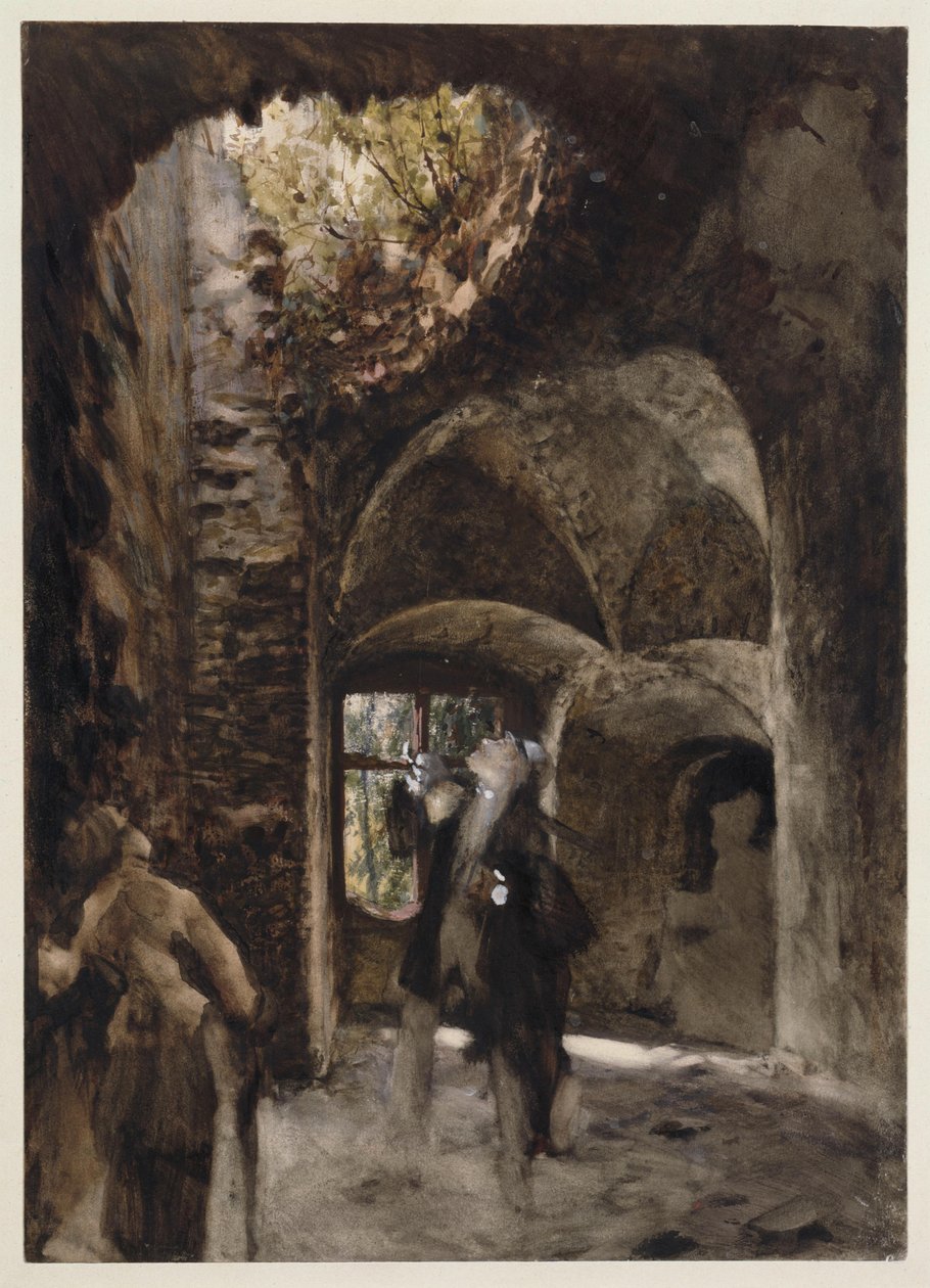 W ruinach pan i pani stoją na półpiętrze i spoglądają w górę na wielką dziurę w sklepieniu autorstwa Adolph Menzel