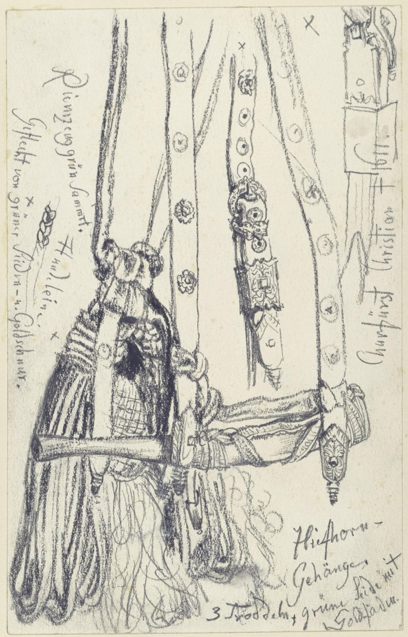 Róg myśliwski, pas do rogu i sznur do rogu do szmaragdowego kompletu broni myśliwskiej Jana Jerzego I Saskiego, Muzeum Historyczne, Drezno autorstwa Adolph Menzel