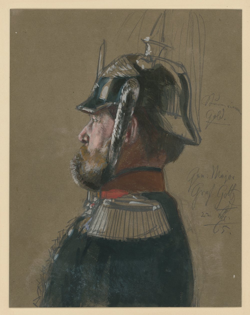 Karl Friedrich hrabia von Goltz, generał-major, portret popiersiowy w hełmie i z rapierem, profil w lewo, studium portretowe do „Koronacji Wilhelma I w Królewcu” autorstwa Adolph Menzel