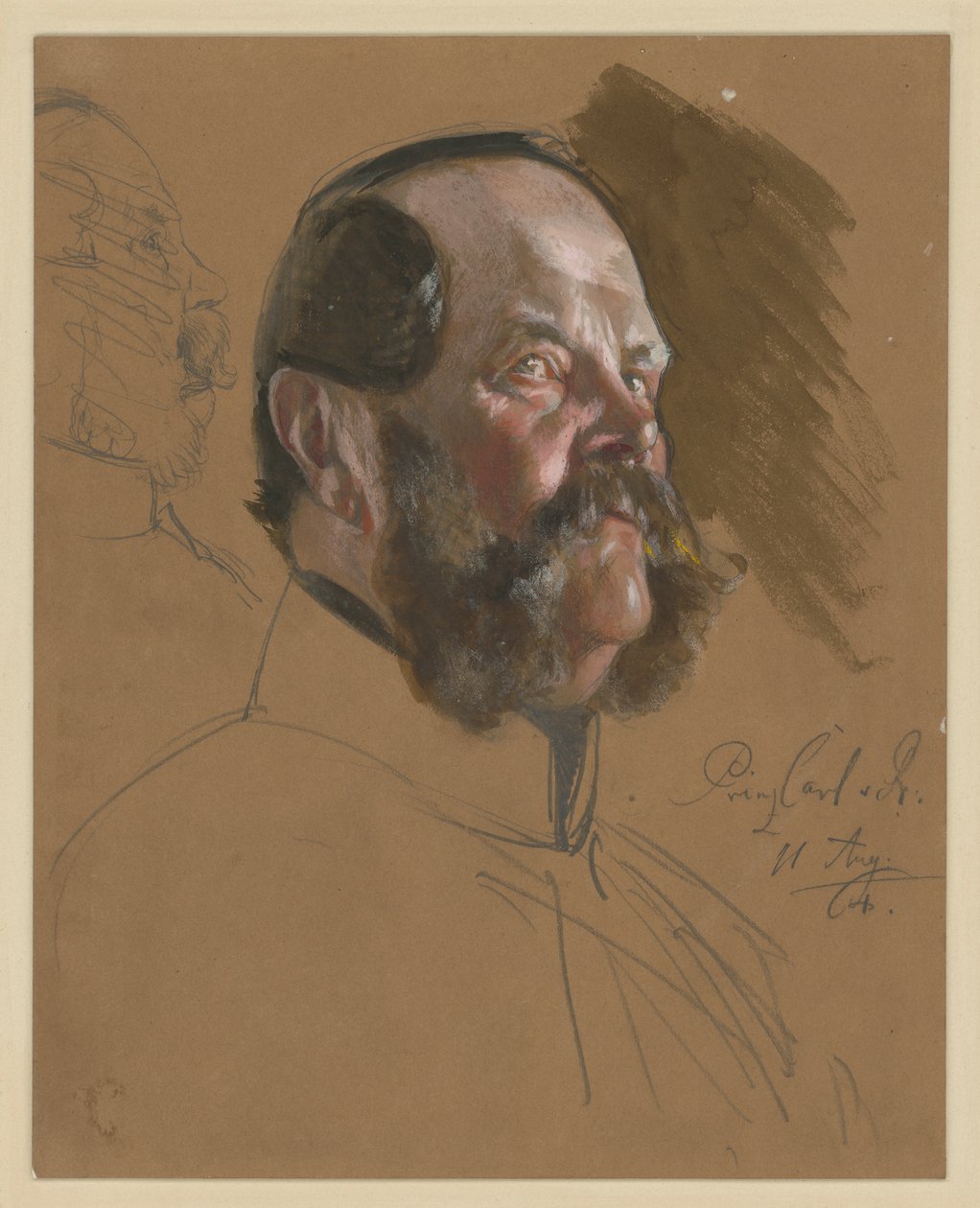 Karol, książę Prus, portret półfigury, profil 3/4 w prawo, widok z dołu, po lewej: twarz w profilu w prawo (przekreślone), szkic portretowy do obrazu „Koronacja Wilhelma I w Królewcu” autorstwa Adolph Menzel