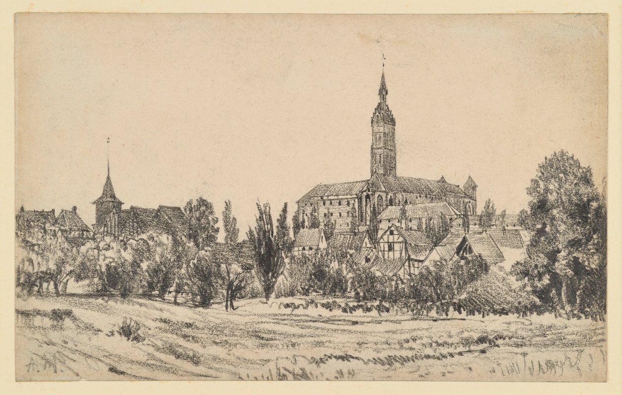 Małe miasteczko z wysoką wieżą kościelną autorstwa Adolph Menzel
