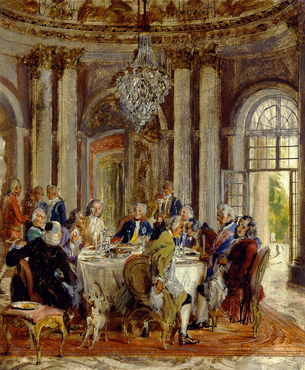 Okrągły stół króla Fryderyka II w Sanssouci. Szkic autorstwa Adolph Menzel