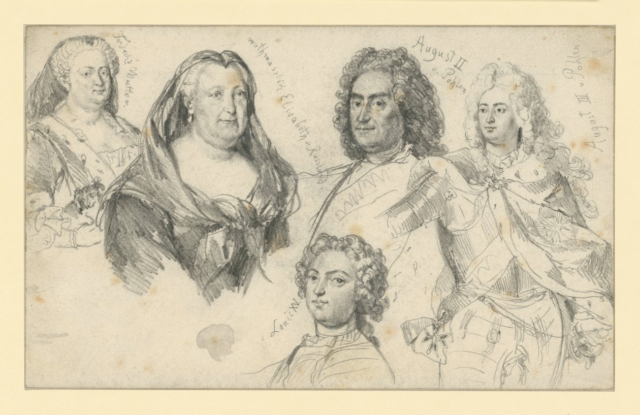 Królowa Zofia Dorota Pruska, cesarzowa Elżbieta Rosyjska, król Polski August II, król Polski August III, Ludwik XV Francuski autorstwa Adolph Menzel