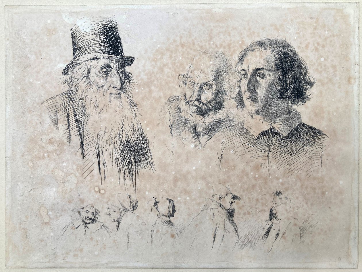 Studia głowy i postaci, arkusz 2 z serii „Próby radir” autorstwa Adolph Menzel