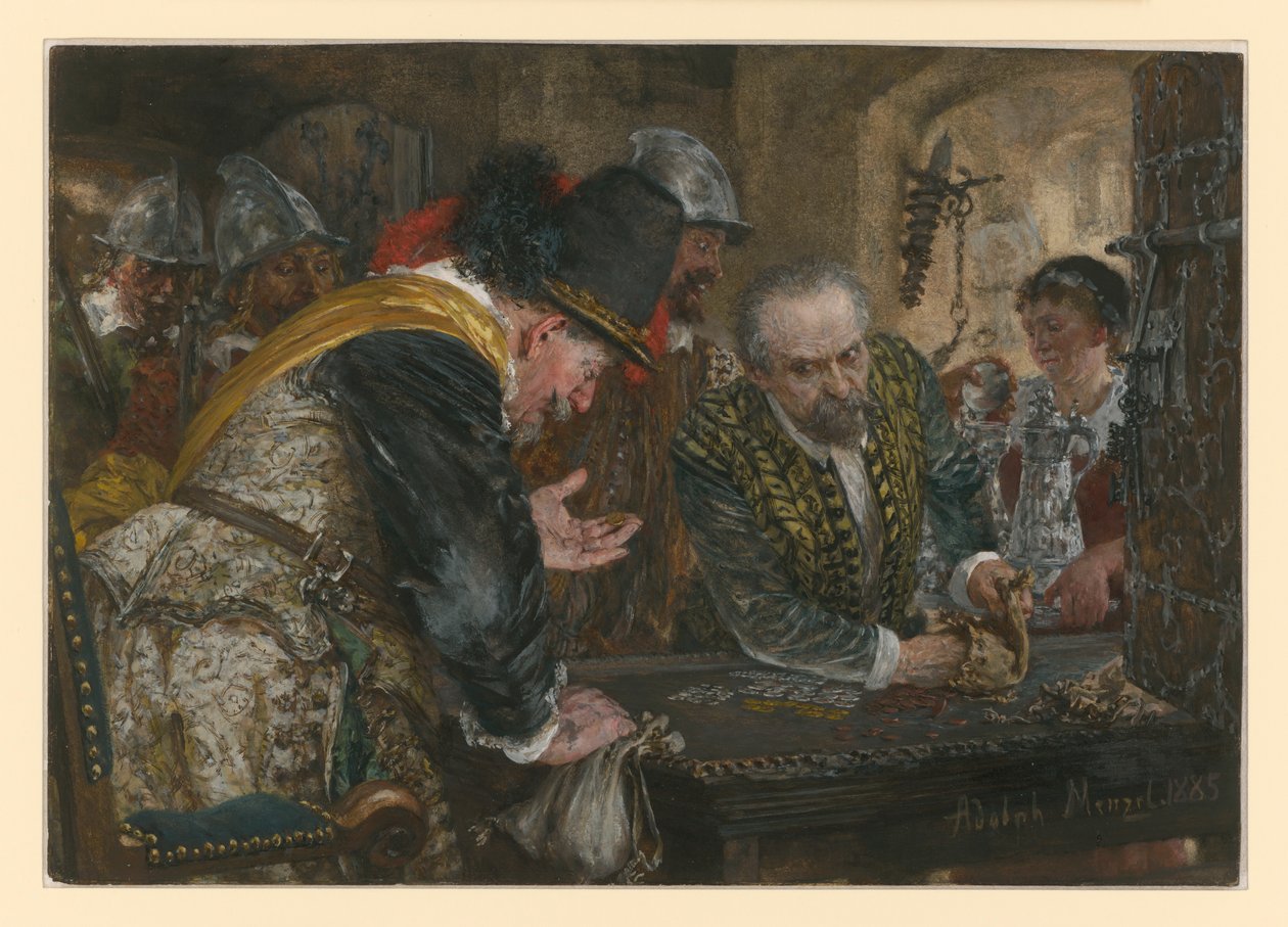 Kontrybucja, żołnierze - po lewej ich kapitan - otrzymują pieniądze i srebro od starszego mężczyzny autorstwa Adolph Menzel