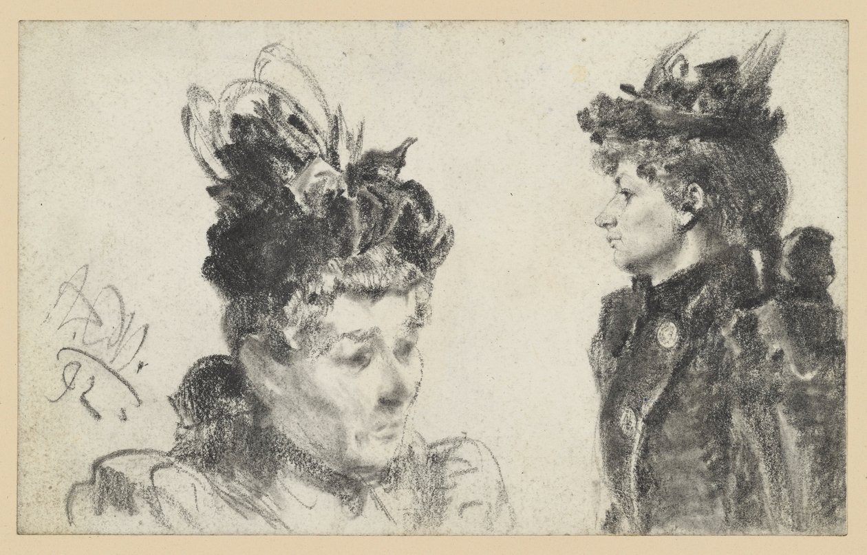 Głowa kobiety w kapeluszu z piórami zwrócona w prawo, popiersie kobiety w kapeluszu z profilu zwrócone w lewo autorstwa Adolph Menzel