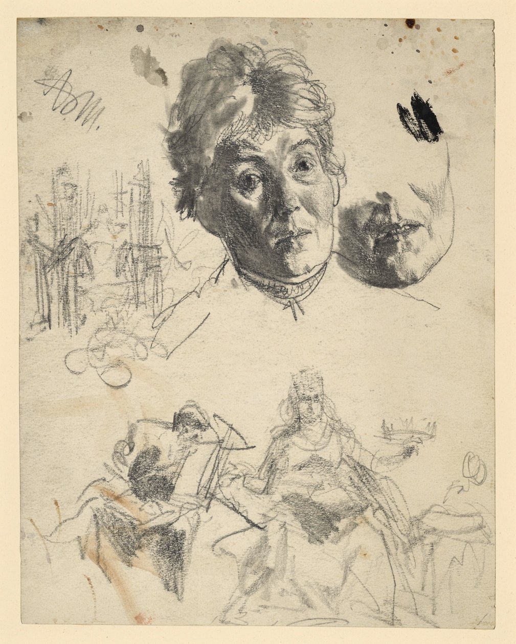 Głowa starszej kobiety z powtórzonym motywem podbródka, szkic architektoniczny, szkic postaci do alegorii autorstwa Adolph Menzel
