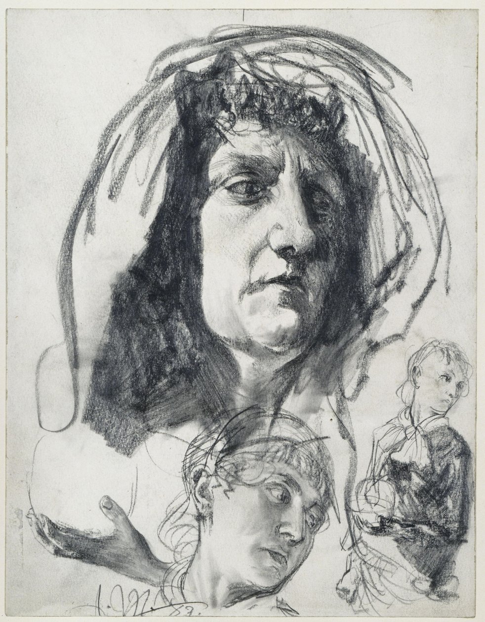 Głowa starszej kobiety w chustce, szkice przedstawiające młodszą kobietę w meloniku. Szkice modelowe do obrazu „Piazza d’Erbe” autorstwa Adolph Menzel