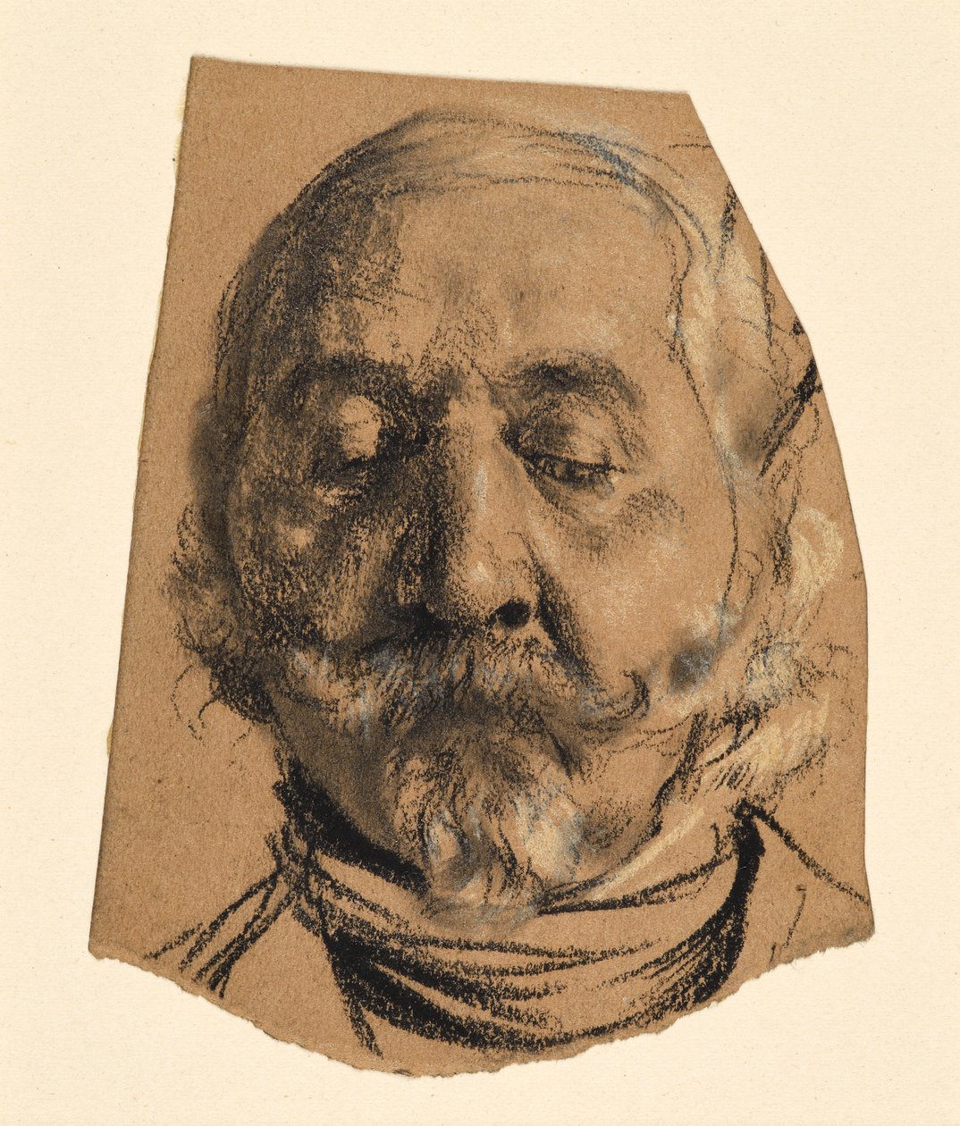 Głowa mężczyzny z wąsami, bródką i zamkniętymi oczami autorstwa Adolph Menzel