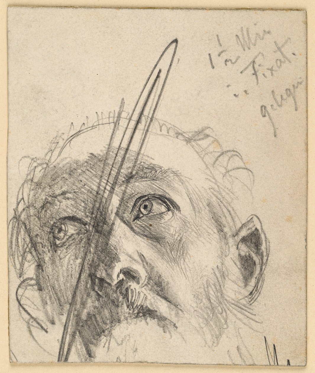 Głowa spoglądającego w górę mężczyzny z wąsami, z głową lekko przechyloną na bok autorstwa Adolph Menzel