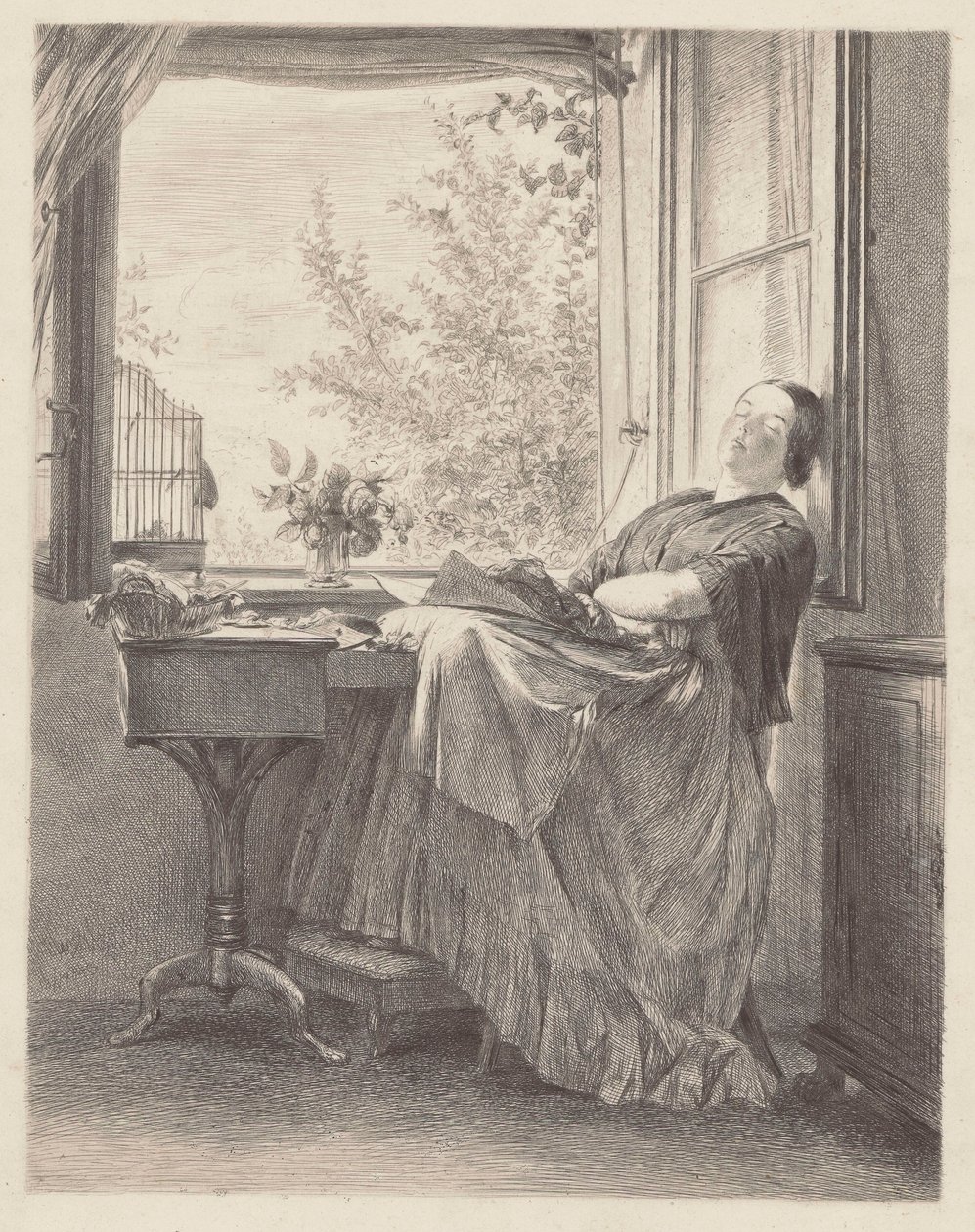 Krawcowa śpiąca przy oknie (Emilia, siostra Menzla, późniejsza pani Krigar). autorstwa Adolph Menzel