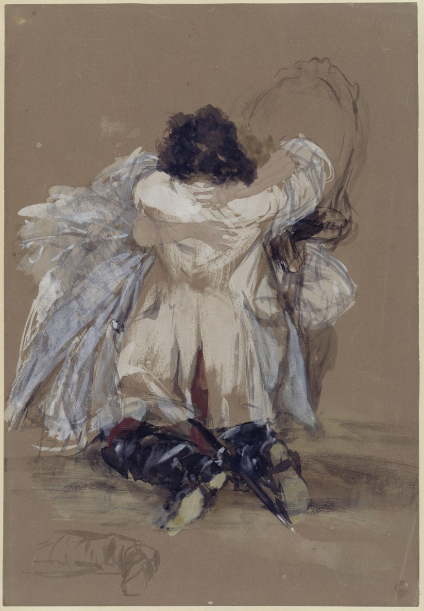 Para zakochanych: przed kobietą siedzącą w fotelu mężczyzna w pruskim mundurze oficerskim ukląkł; obejmują się autorstwa Adolph Menzel