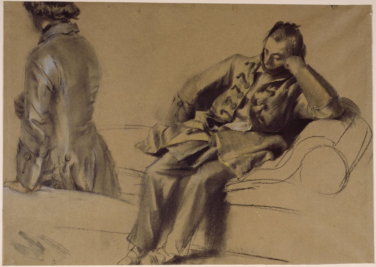 Mężczyzna w spódnicy sznurowanej siedzący na sofie, drugi idący autorstwa Adolph Menzel