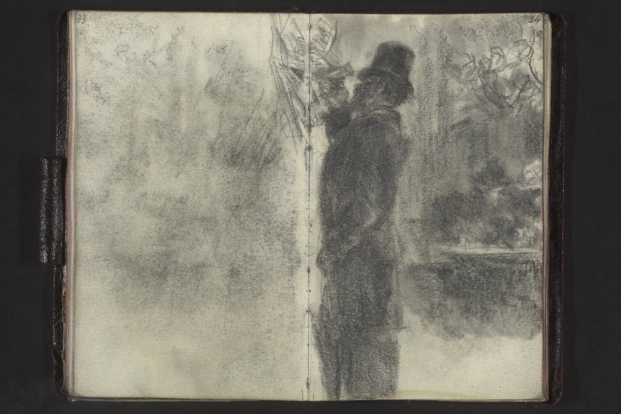 Mężczyzna w cylindrze i z parasolem, przeglądający kartki przypięte do ściany autorstwa Adolph Menzel