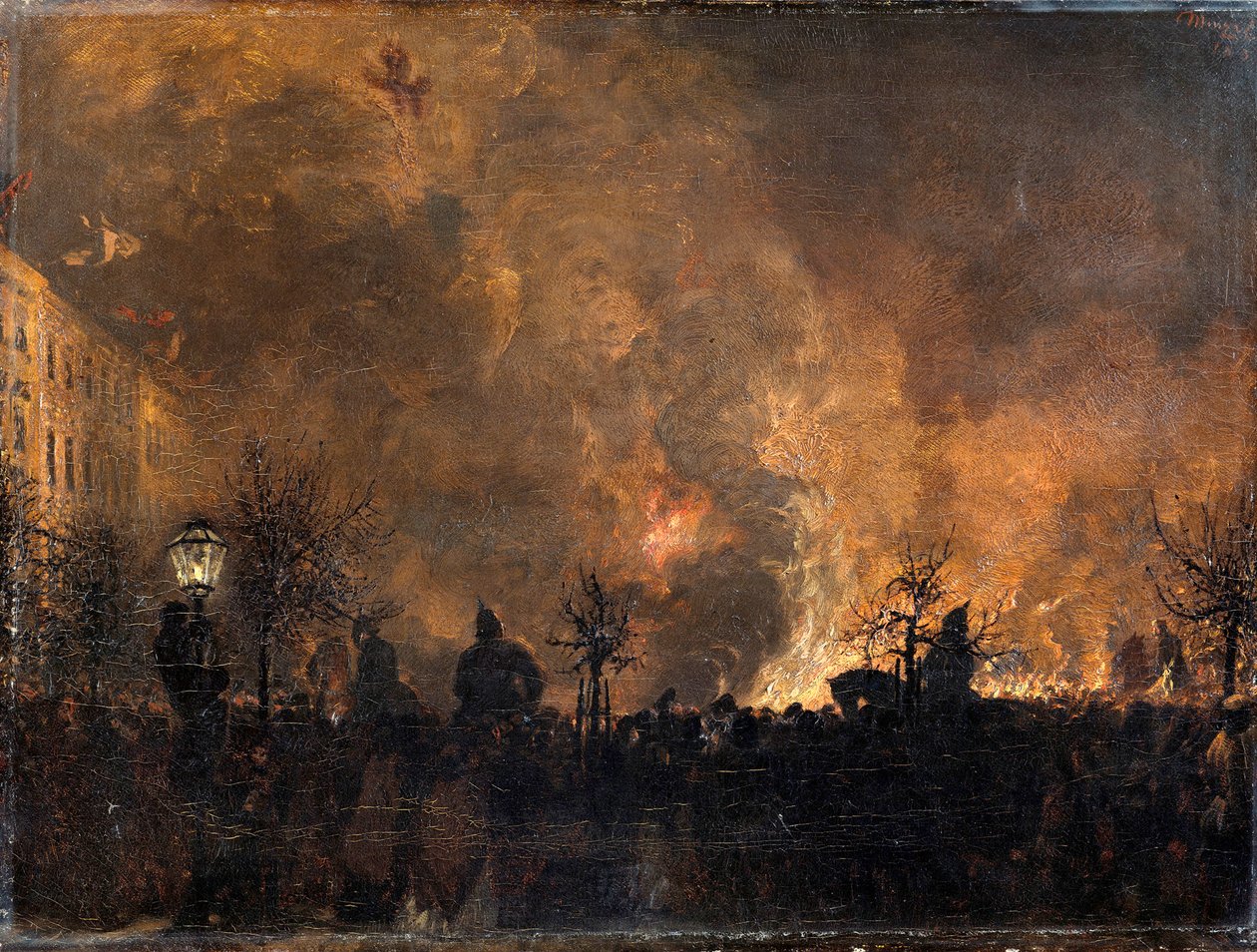Po pochodzie z pochodniami. Zrzucanie pochodni na stos na Dönhoffplatz w Berlinie autorstwa Adolph Menzel