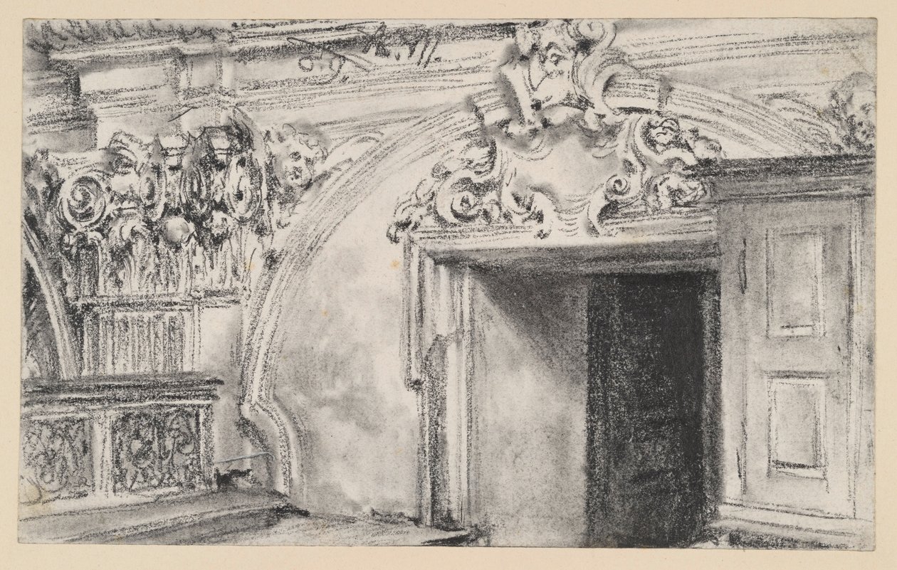 Górna część ściany drzwiowej zakrystii z drewnianą szafką autorstwa Adolph Menzel