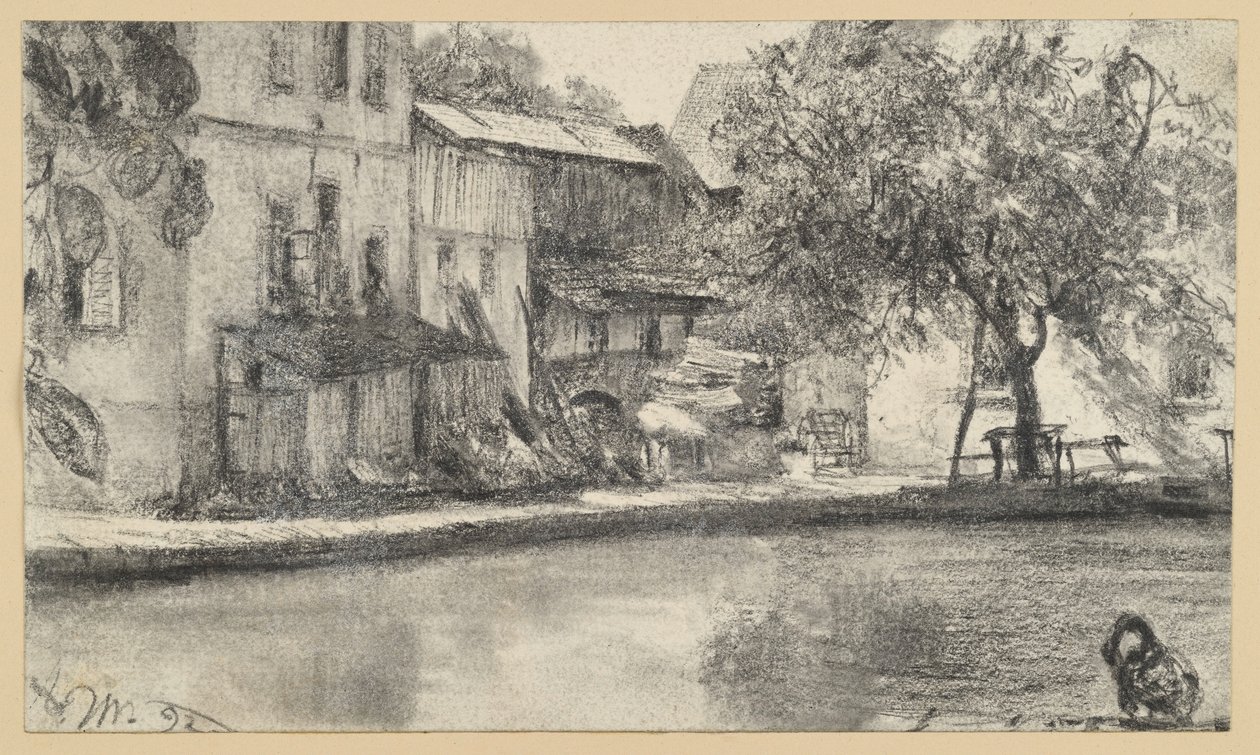 Tył szeregu domów i drzewo nad wodą autorstwa Adolph Menzel